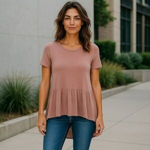 Women's Short Sleeve Peplum Tunic Top - Dusty Blush